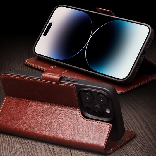 QIALION Business Wallet Genuine Leather iPhone 14 Plus Phone Case