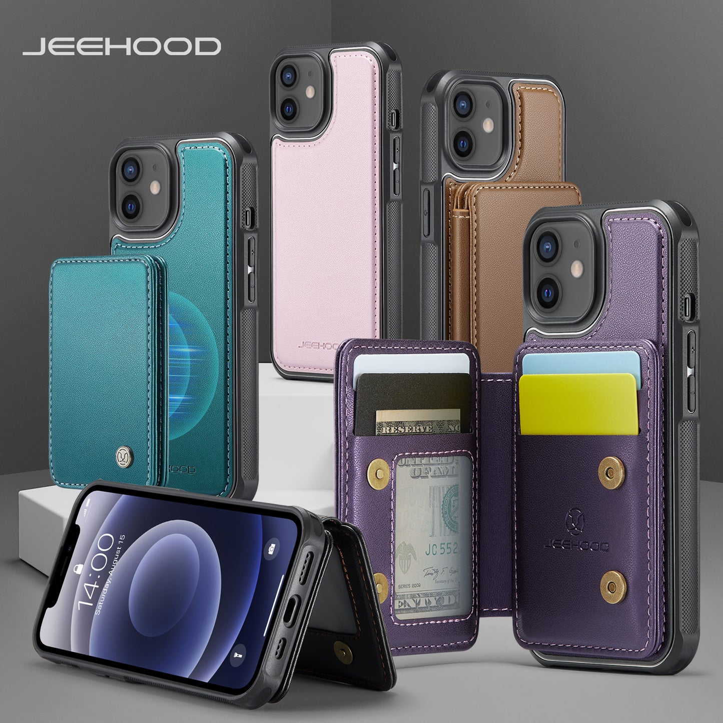 JEEHOOD Magnetic Clasp Book Card Holder iPhone 12 Mini Case