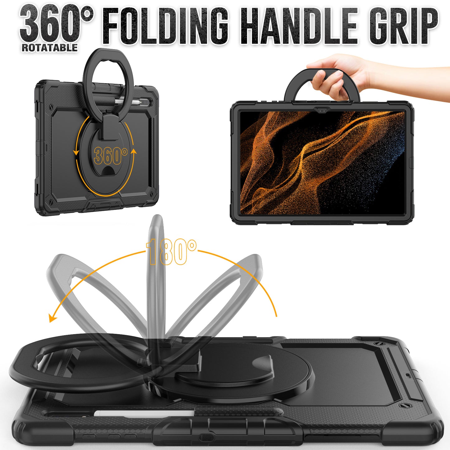 Tough Handle Grip Hook Samsung Galaxy Tab S9 Ultra Case Rotatable