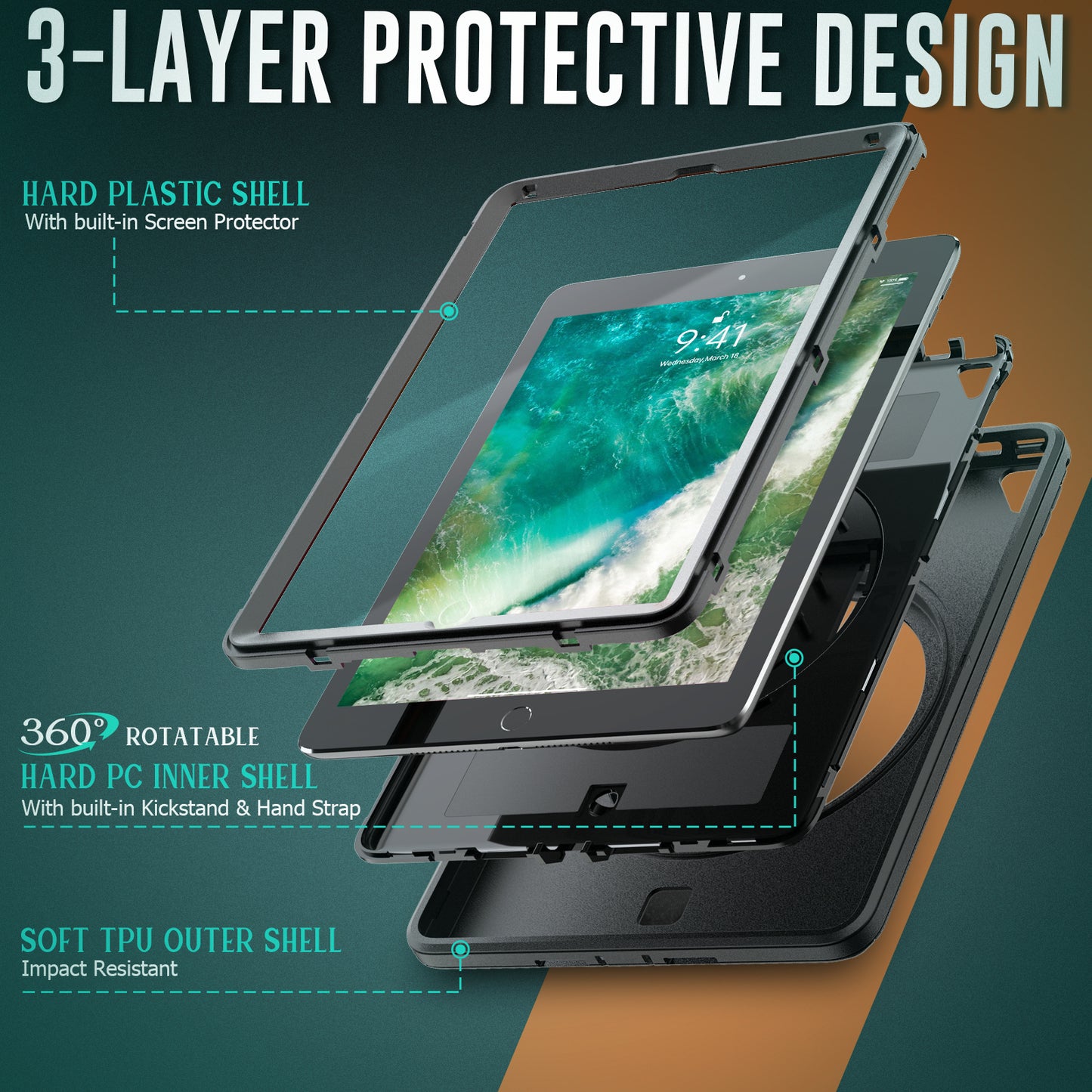 Coolinan Built-in Screen Protector Apple iPad Pro 9.7 Case Hand Strap