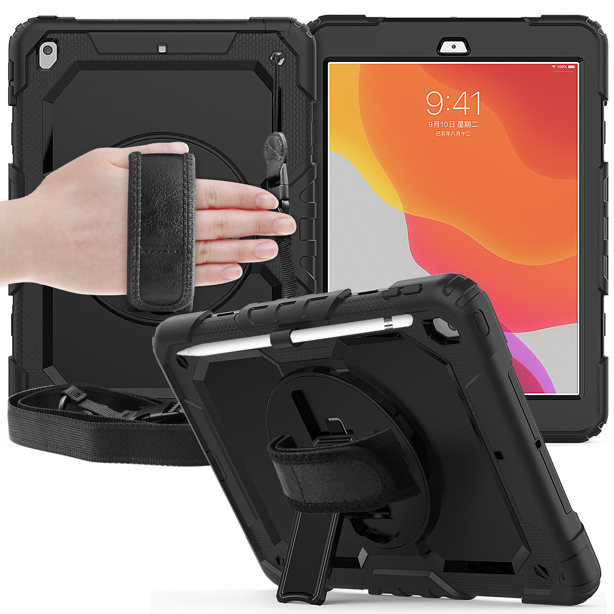 Tough Strap Built-in Screen Protector iPad 9 Case Multi-functional