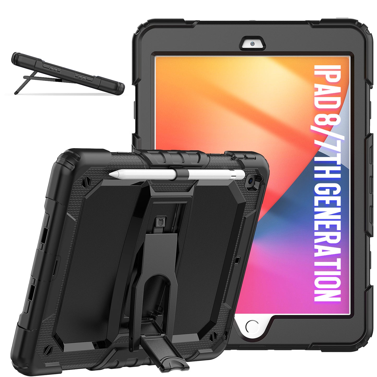 Kickstand Built-in Screen Protector Apple iPad 8 Case Shoulder Strap