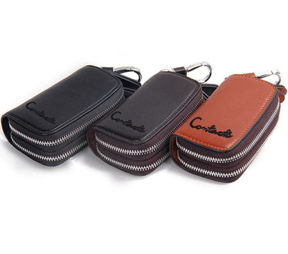 Men's Genuine Leather Keychain with Dual Zipper Car Key Casual Multi-functional