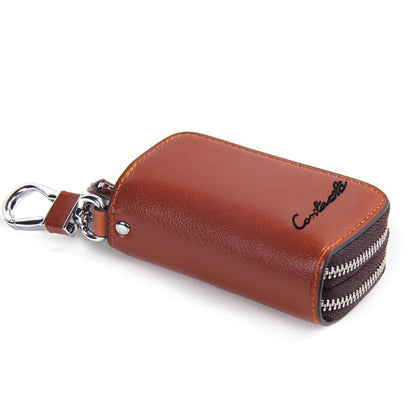 Men's Genuine Leather Keychain with Dual Zipper Car Key Casual Multi-functional