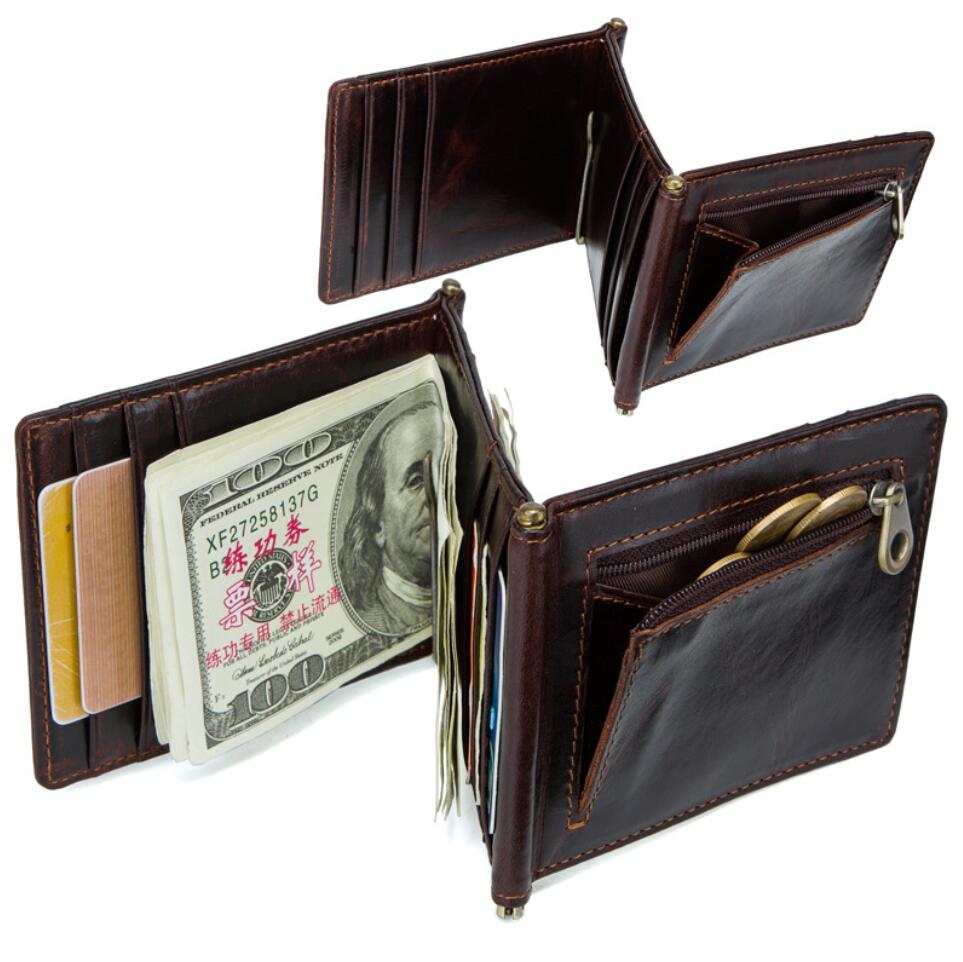 Men's Genuine Leather Wallet Money Clip Pick Up RFID Retro Clip Pouch 3-Folding