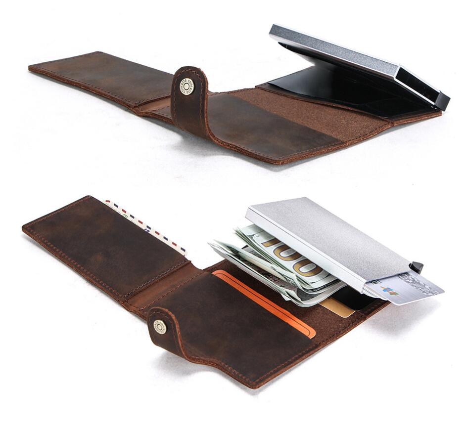 Men's Genuine Leather Business Card Case RFID Anti theft Brush Automatic Fold Box