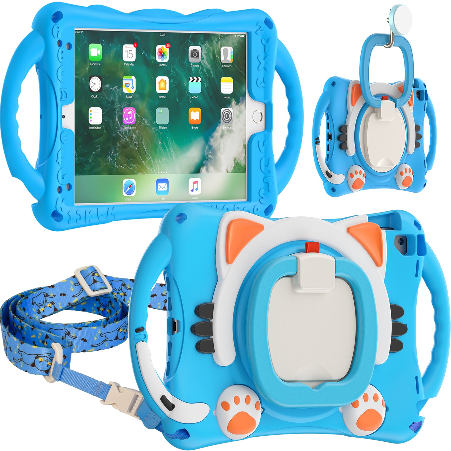 Stereoscopic Cat Apple iPad 5 Case Kids Rotating Handle Grip