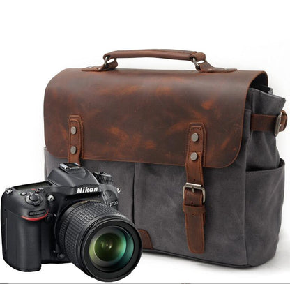 Men's Canvas Camera Bag Casual with Oil Waxed Leather Waterproof Cross-body Retro