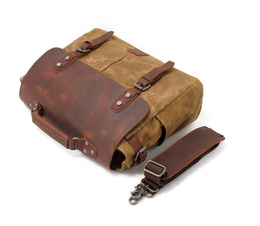 Men's Canvas Camera Bag Casual with Oil Waxed Leather Waterproof Cross-body Retro