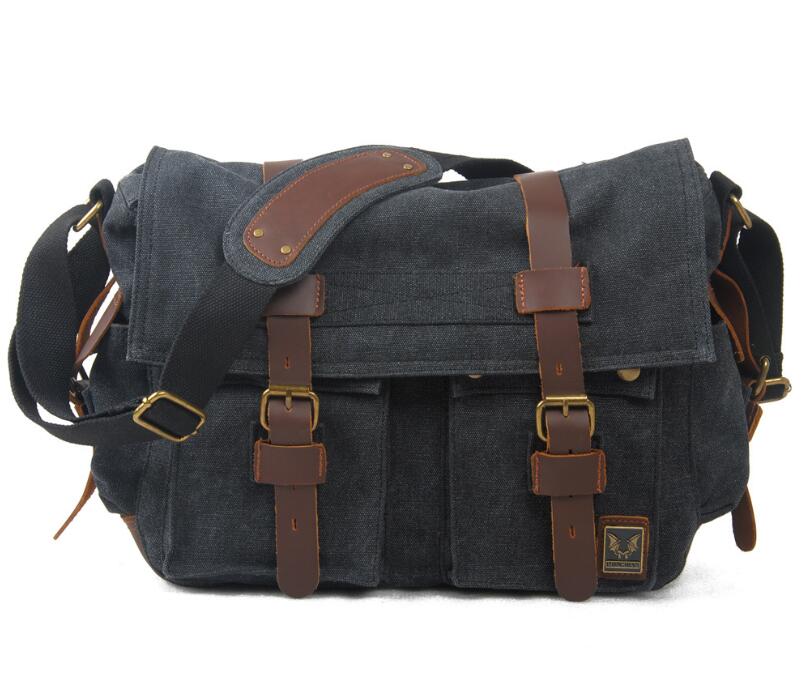 Men's Canvas Messenger Bag Tablet Casual Splicing Sandwich Zipper Pockets