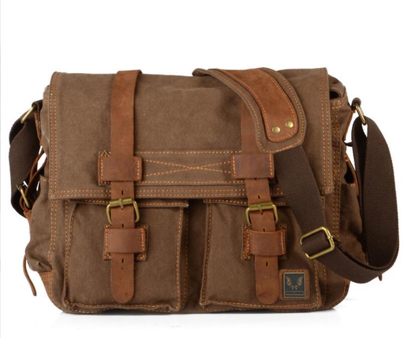 Men's Canvas Messenger Bag Tablet Casual Splicing Sandwich Zipper Pockets