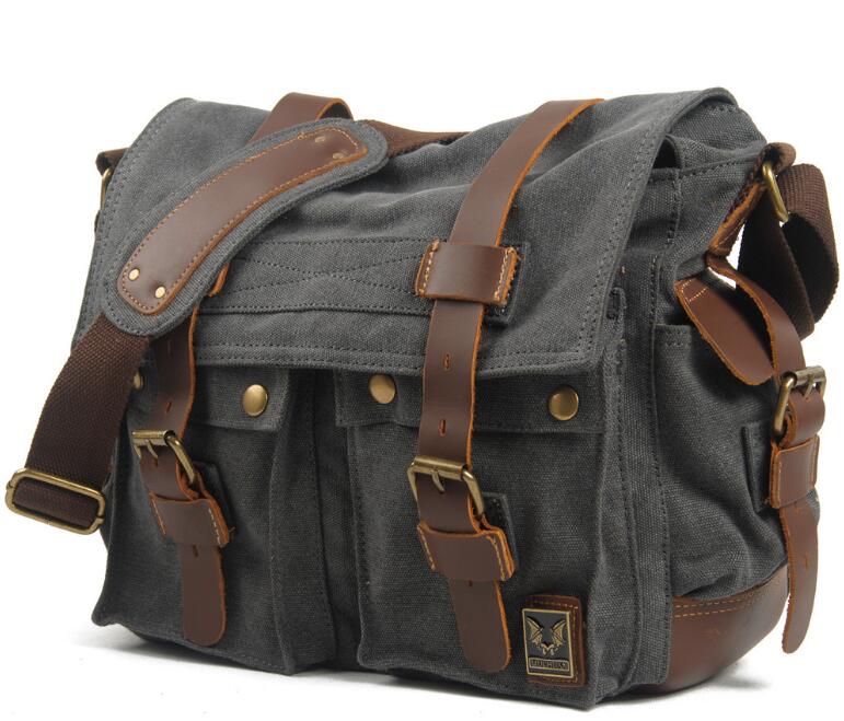 Men's Canvas Messenger Bag Tablet Casual Splicing Sandwich Zipper Pockets