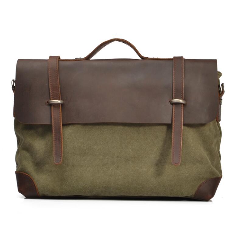 Men's Canvas Briefcase Laptop Bag Business Casual Large Capacity Flip Pockets