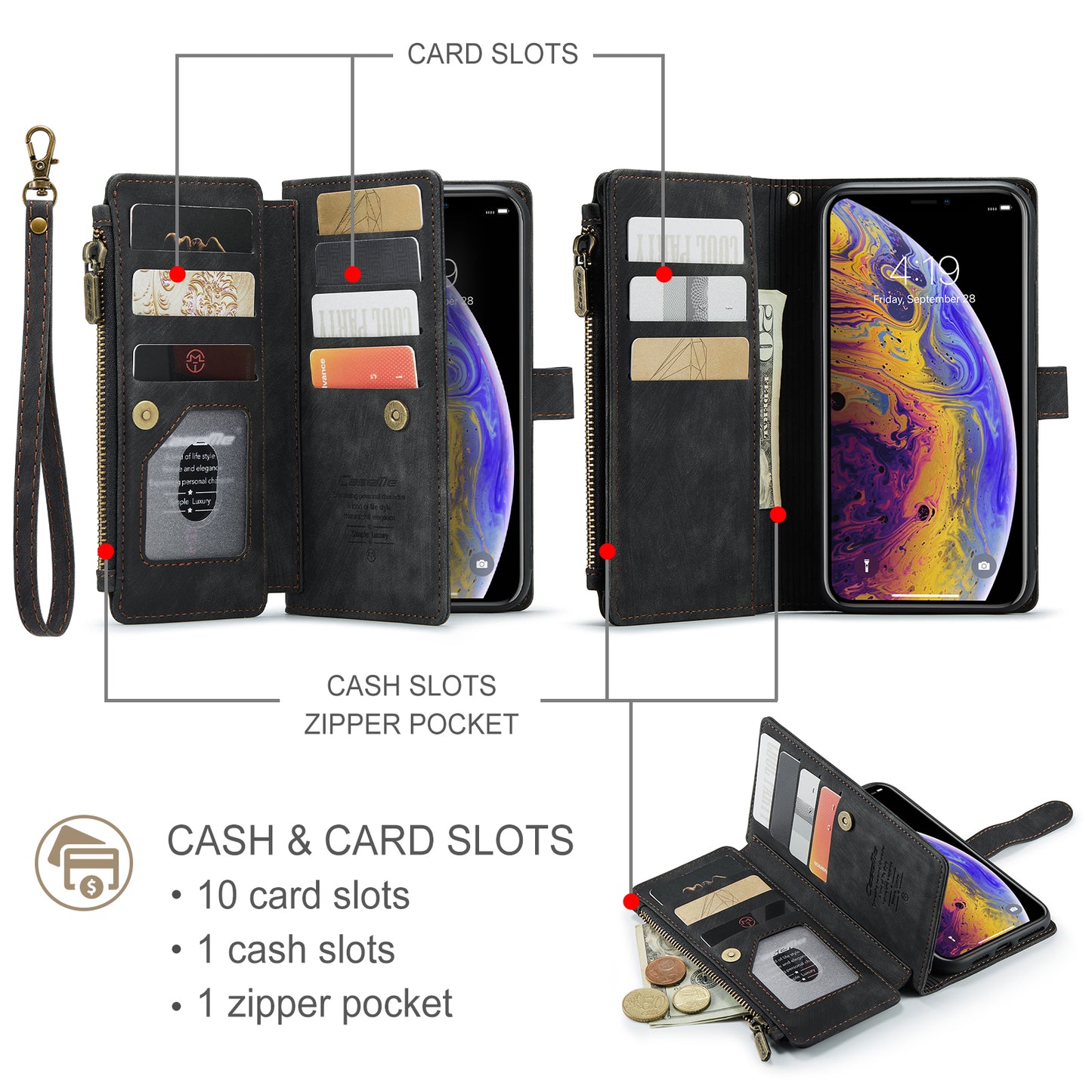 Multi-card Hand Strap Apple iPhone Xs Max Case Double Fold Stand