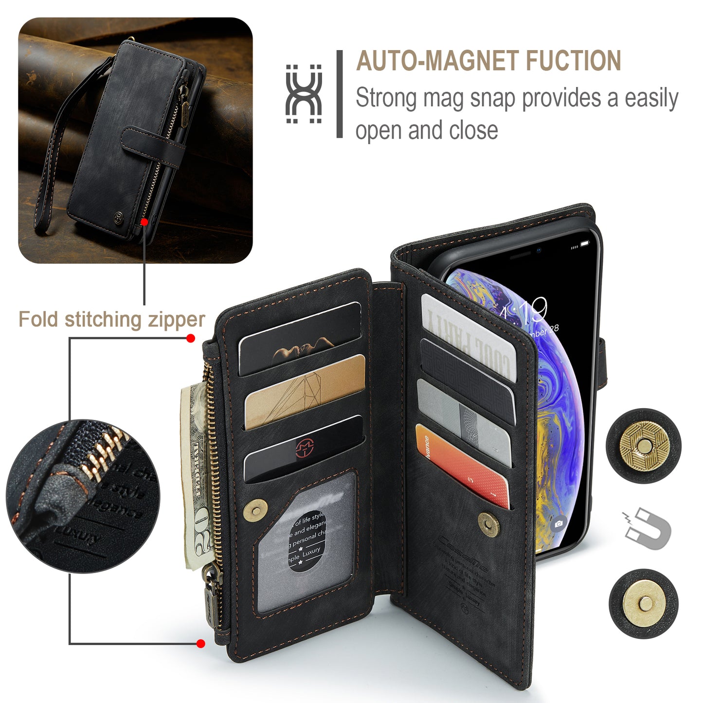 Multi-card Hand Strap Apple iPhone Xs Max Case Double Fold Stand