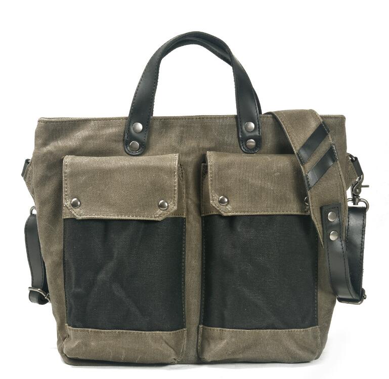 Men's Canvas Briefcase Laptop Bag Collision Stitching Horizontal Retro Folding