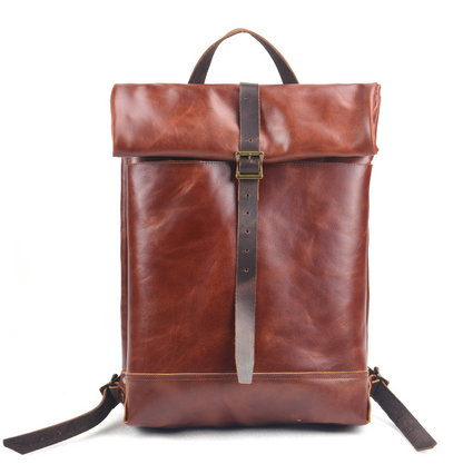 Men's Genuine Leather Backpack Laptop Bag Business Outdoor Travel Retro Roll Folding