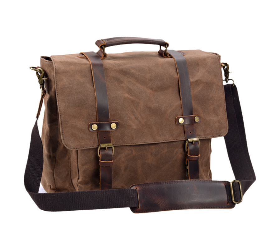 Men's Canvas Briefcase Laptop Bag Simple Business Leisure Trip Sandwich Buckle Pockets