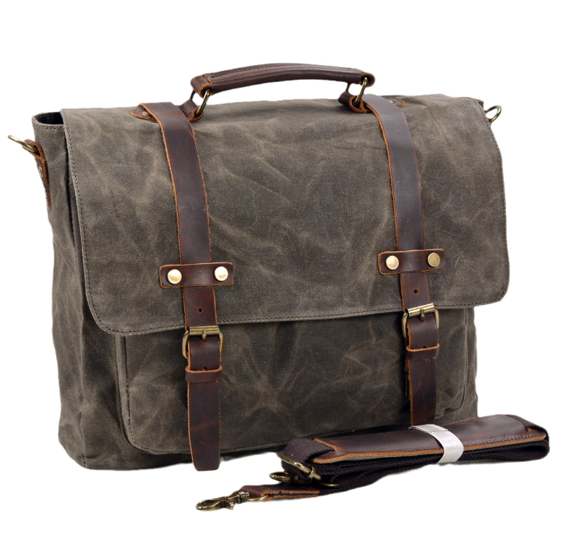 Men's Canvas Briefcase Laptop Bag Simple Business Leisure Trip Sandwich Buckle Pockets