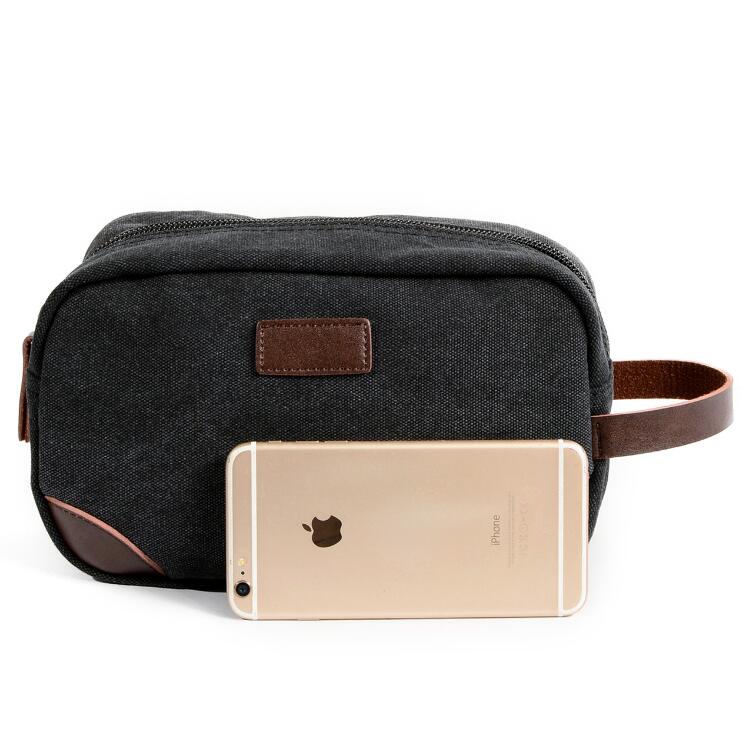 Men's Canvas Cosmetic Toiletry Bag Phone Leisure Business Solid Key Charger Cable Makeup