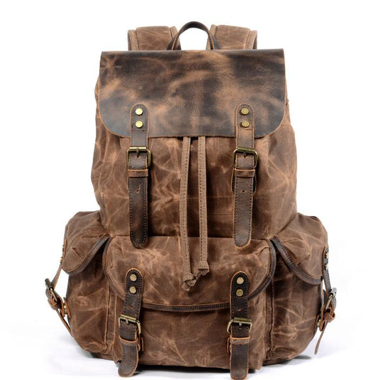 Men's Canvas Backpack Laptop Bag Splicing Leisure Student Draw Rope Trend Oblique