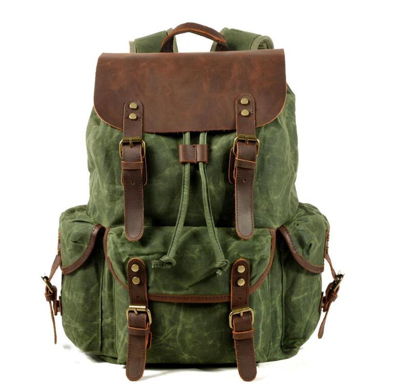 Men's Canvas Backpack Laptop Bag Splicing Leisure Student Draw Rope Trend Oblique