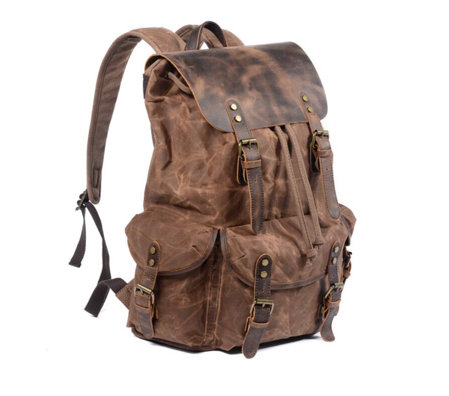 Men's Canvas Backpack Laptop Bag Splicing Leisure Student Draw Rope Trend Oblique