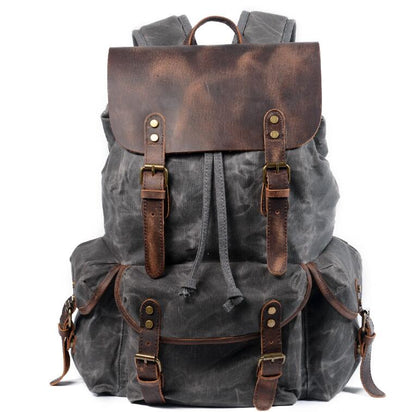 Men's Canvas Backpack Laptop Bag Splicing Leisure Student Draw Rope Trend Oblique