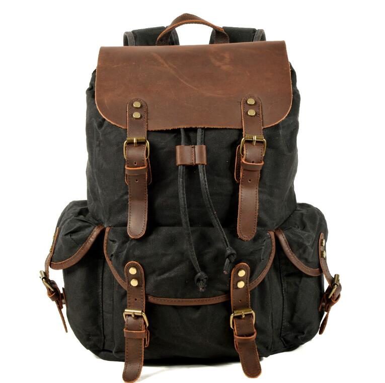 Men's Canvas Backpack Laptop Bag Splicing Leisure Student Draw Rope Trend Oblique