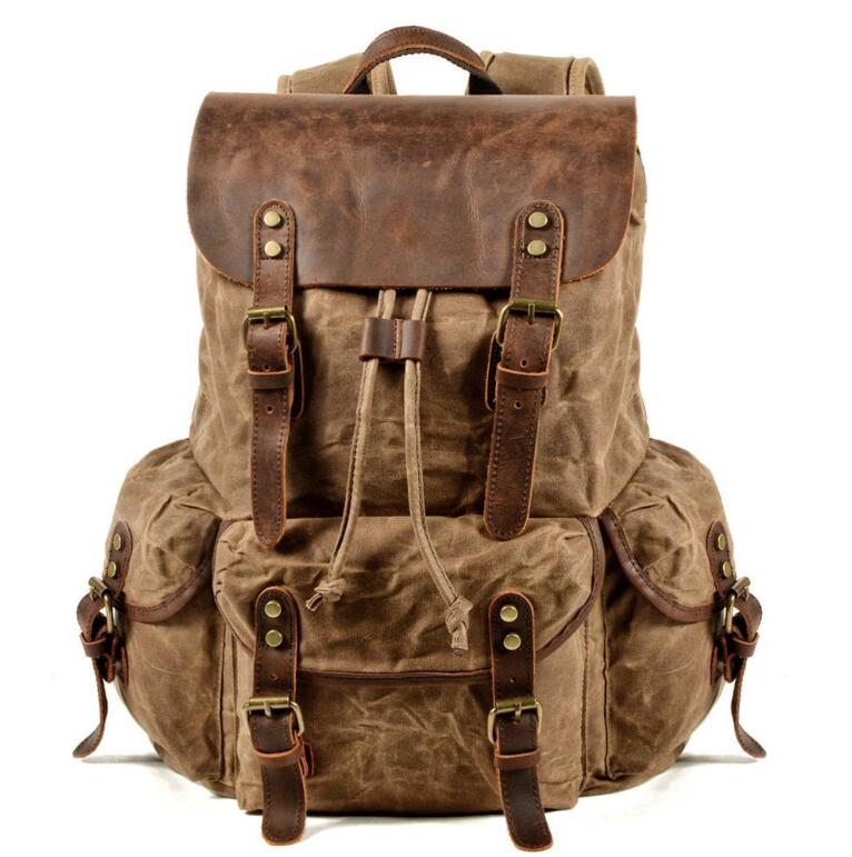 Men's Canvas Backpack Laptop Bag Splicing Leisure Student Draw Rope Trend Oblique