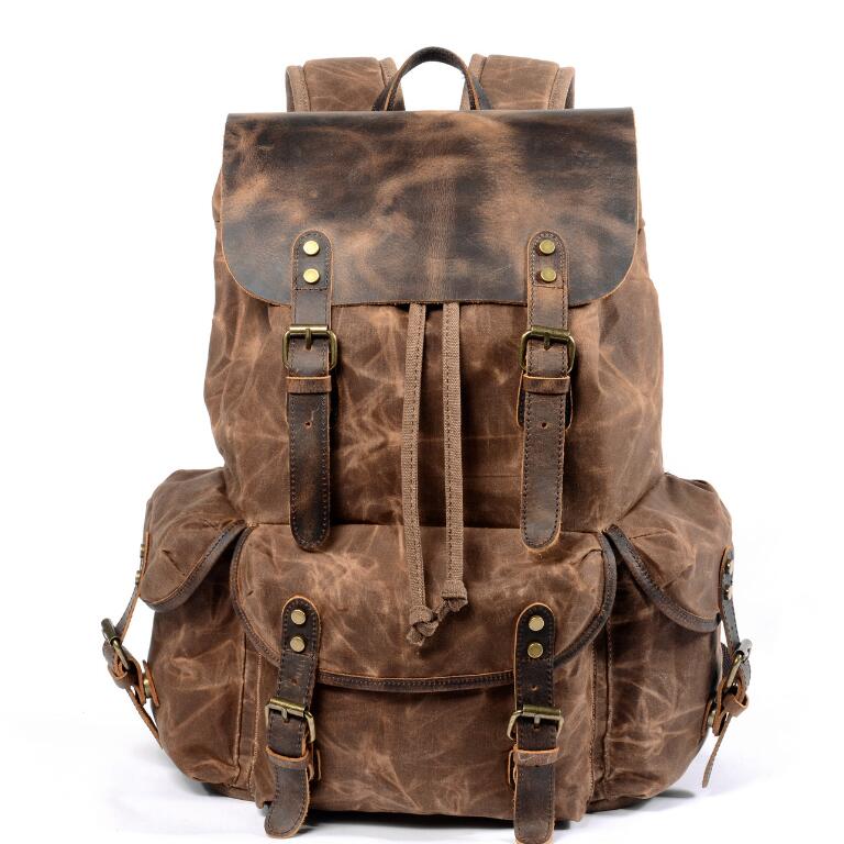 Men's Canvas Backpack Laptop Bag Splicing Leisure Student Draw Rope Trend Oblique