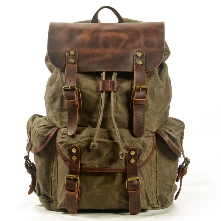 Men's Canvas Backpack Laptop Bag Splicing Leisure Student Draw Rope Trend Oblique