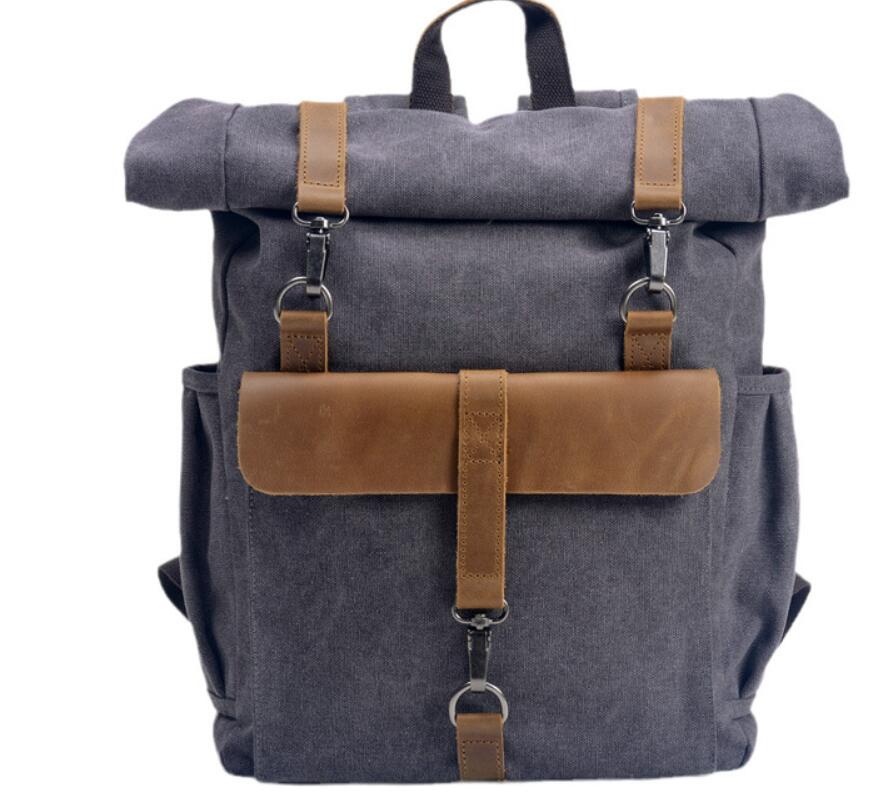 Men's Canvas Backpack Laptop Bag Neutral Preppy with Cowhide Leather School