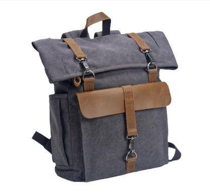 Men's Canvas Backpack Laptop Bag Neutral Preppy with Cowhide Leather School