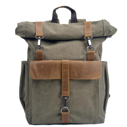 Men's Canvas Backpack Laptop Bag Neutral Preppy with Cowhide Leather School