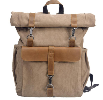 Men's Canvas Backpack Laptop Bag Neutral Preppy with Cowhide Leather School