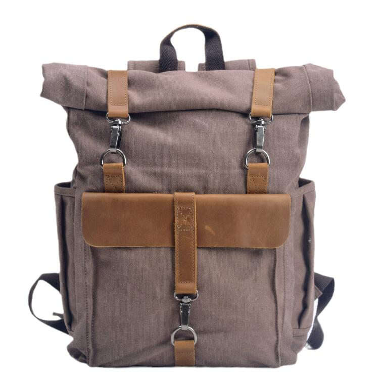 Men's Canvas Backpack Laptop Bag Neutral Preppy with Cowhide Leather School