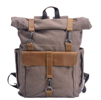 Men's Canvas Backpack Laptop Bag Neutral Preppy with Cowhide Leather School