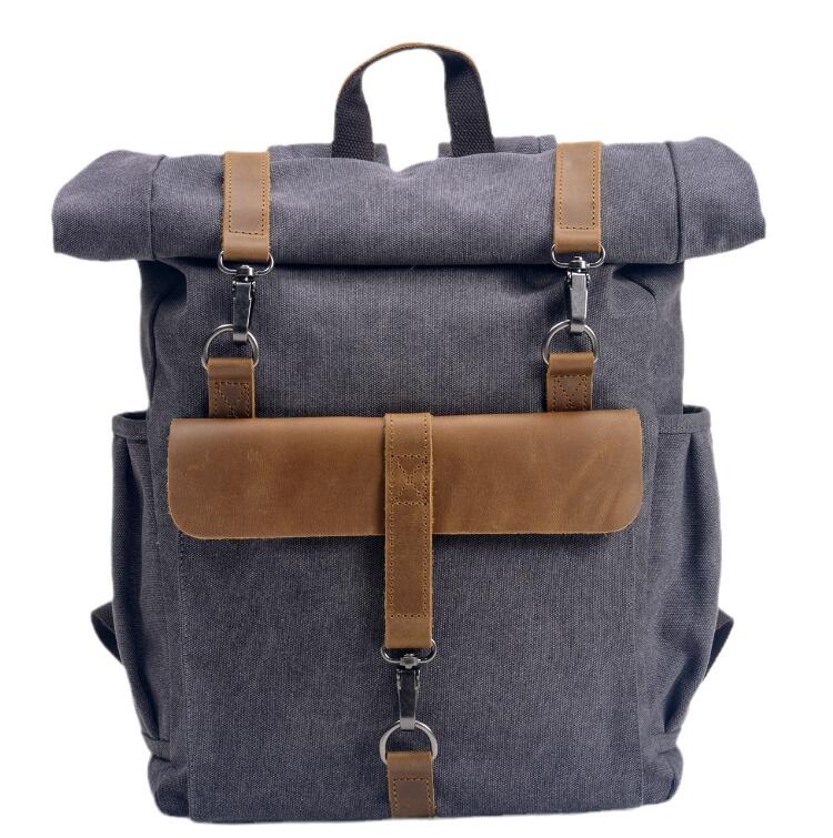 Men's Canvas Backpack Laptop Bag Neutral Preppy with Cowhide Leather School