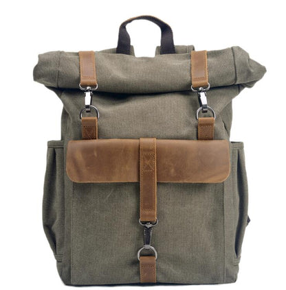 Men's Canvas Backpack Laptop Bag Neutral Preppy with Cowhide Leather School