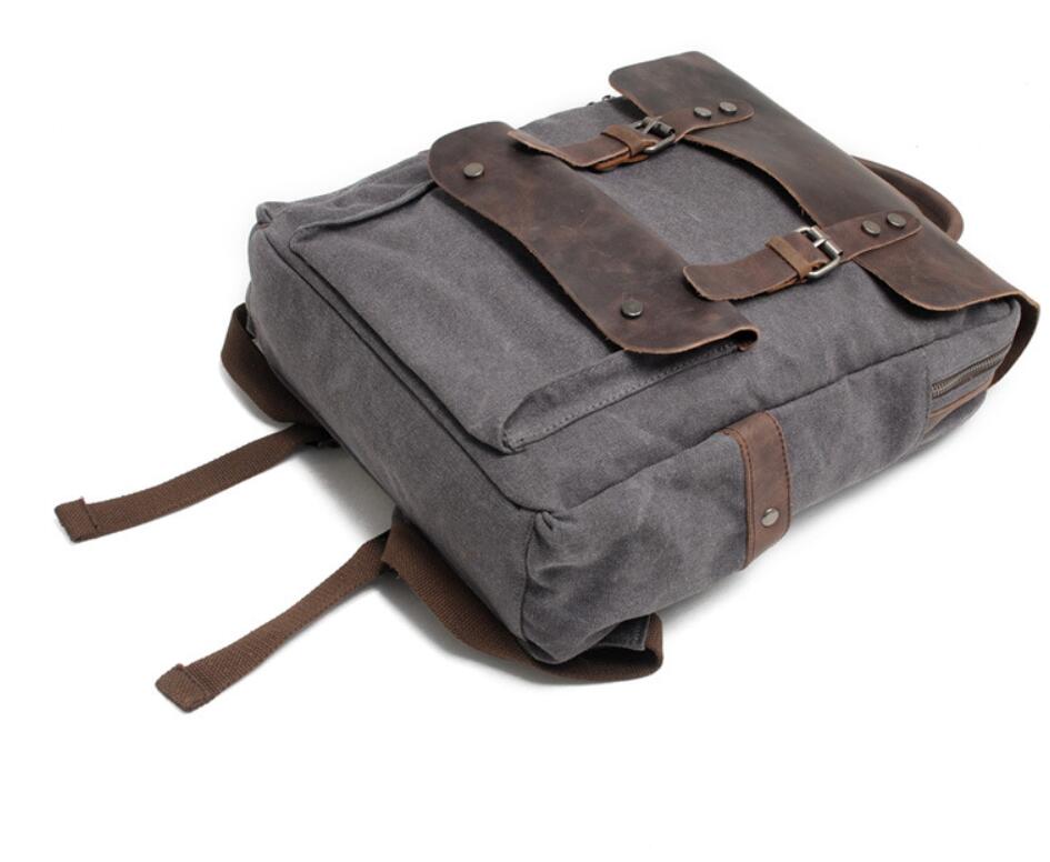 Men's Canvas Backpack Laptop Bag Neutral Preppy Pure Splicing Genuine Leather