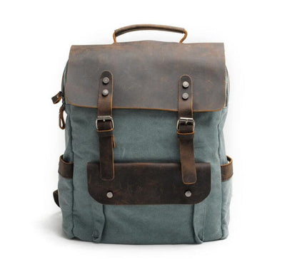 Men's Canvas Backpack Laptop Bag Neutral Preppy Pure Splicing Genuine Leather