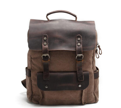 Men's Canvas Backpack Laptop Bag Neutral Preppy Pure Splicing Genuine Leather