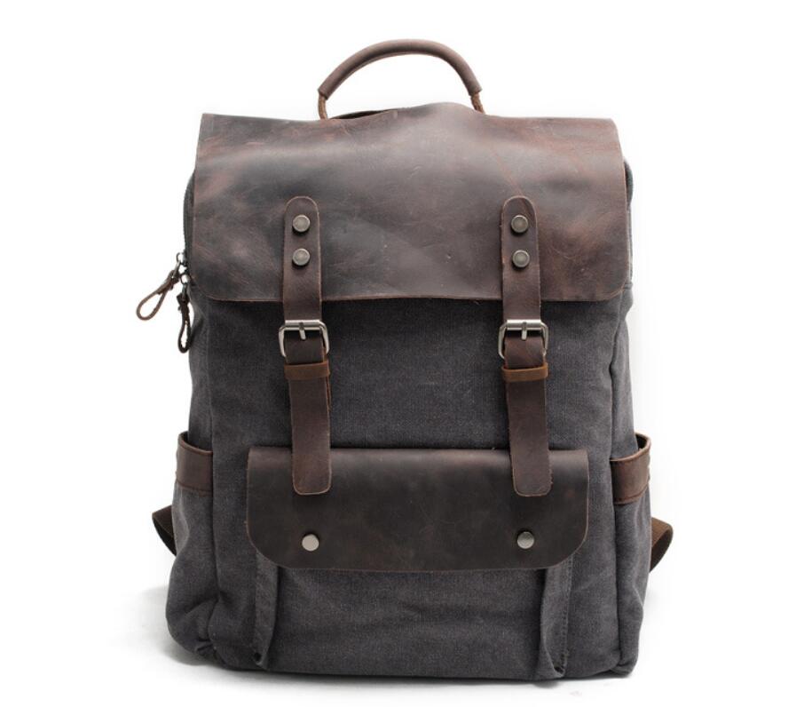 Men's Canvas Backpack Laptop Bag Neutral Preppy Pure Splicing Genuine Leather