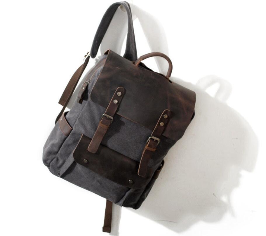 Men's Canvas Backpack Laptop Bag Neutral Preppy Pure Splicing Genuine Leather