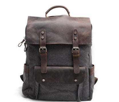 Men's Canvas Backpack Laptop Bag Neutral Preppy Pure Splicing Genuine Leather