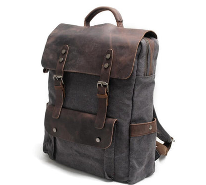 Men's Canvas Backpack Laptop Bag Neutral Preppy Pure Splicing Genuine Leather