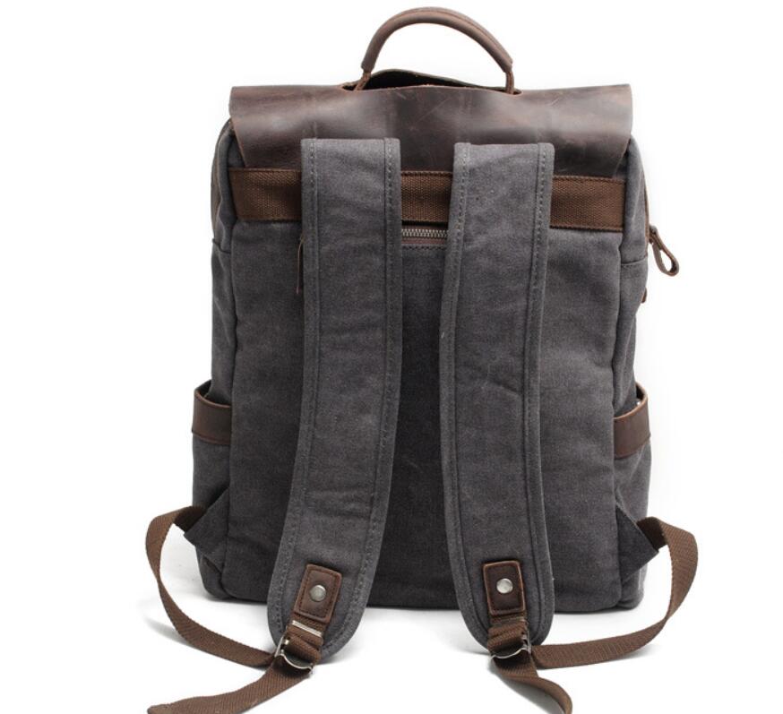 Men's Canvas Backpack Laptop Bag Neutral Preppy Pure Splicing Genuine Leather