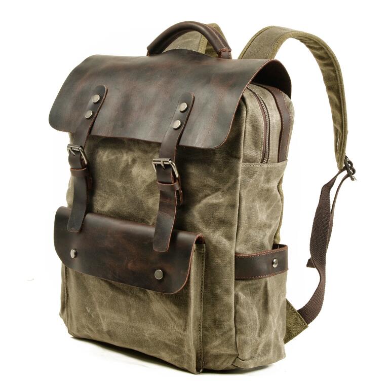 Men's Canvas Backpack Laptop Bag Outdoor Student Waxed Waterproof School Large Capacity