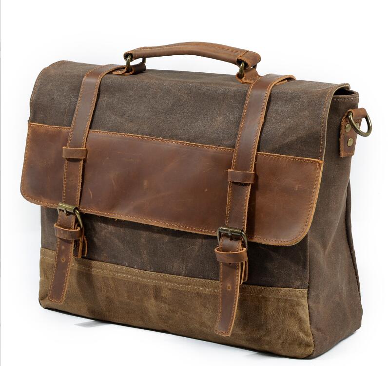 Men's Canvas Briefcase Laptop Bag Waterproof Retro Cross-body High Quality Buckle